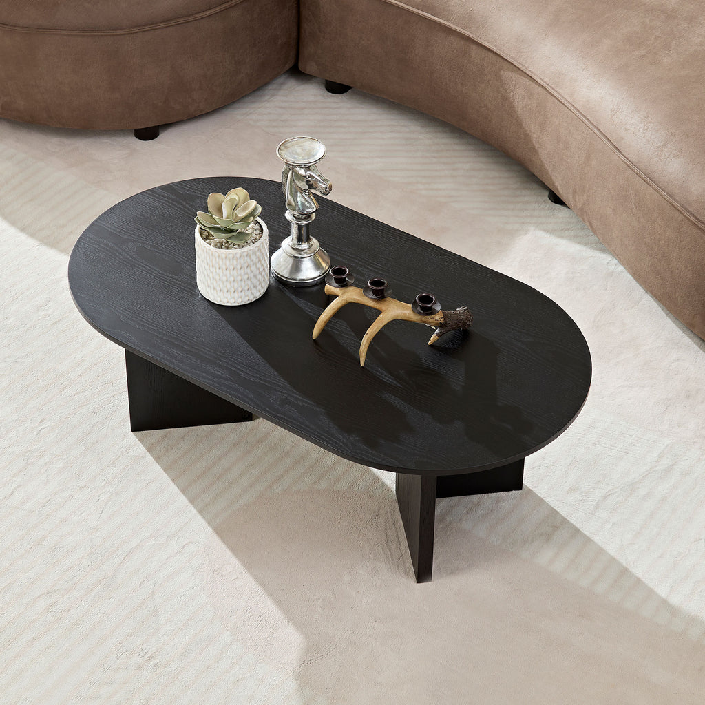 Length 39.37 Inch Modern Coffee Table,MDF Oval Coffee Table for Living Room,Small Coffee Table with Sturdy Pedestal for Apartment,Bedroom,Black