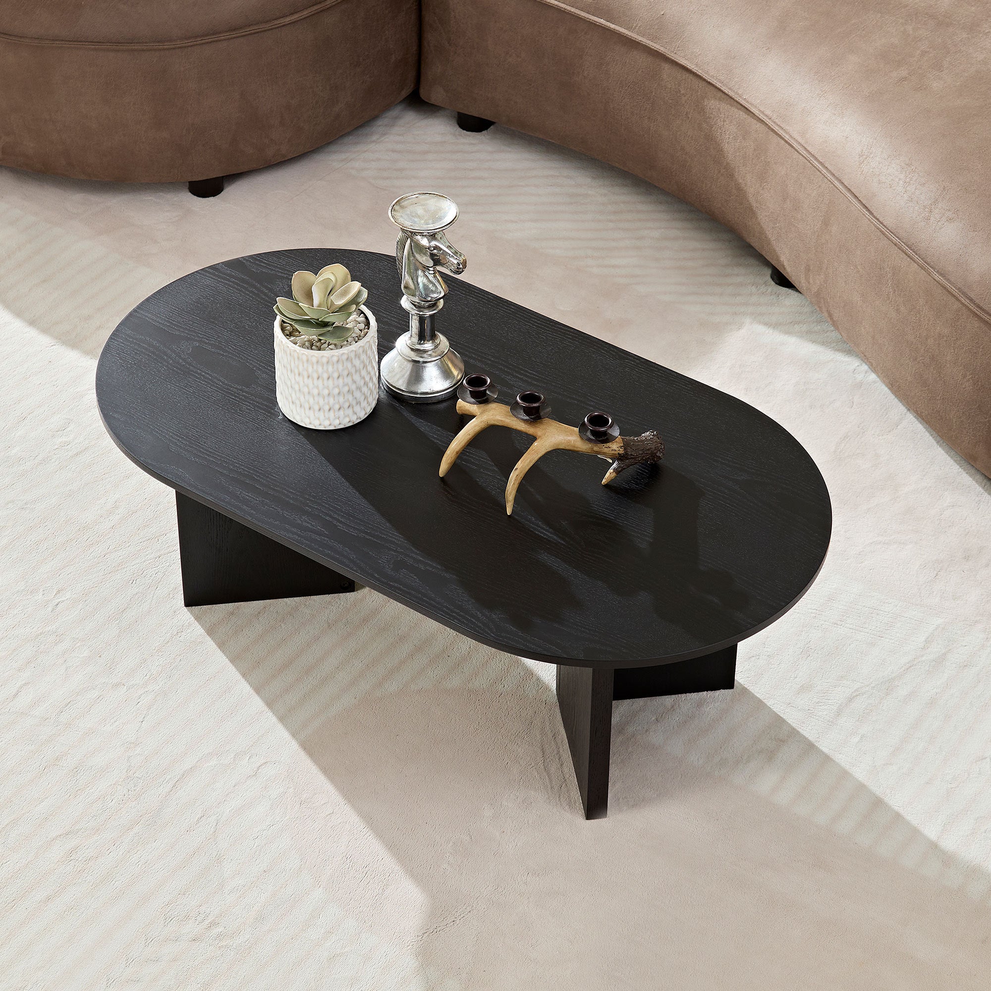 Length 39.37 Inch Modern Coffee Table,MDF Oval Coffee Table for Living Room,Small Coffee Table with Sturdy Pedestal for Apartment,Bedroom,Black