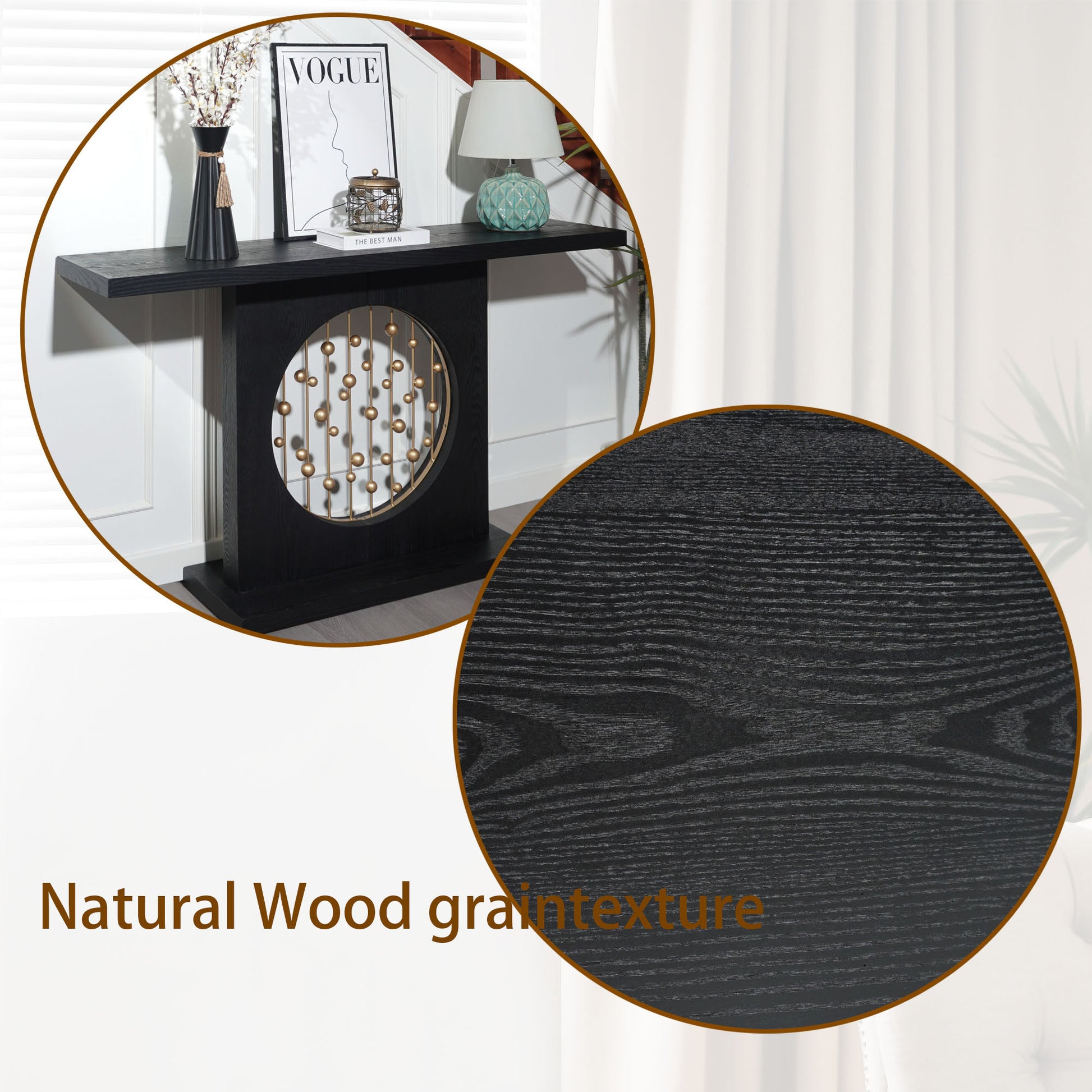 Modern Black Console Table with Gold Accent, Decorative Entryway Table,56in Wood Console Table, Narrow Sofa Table for Entrance, Living Room, Hallway