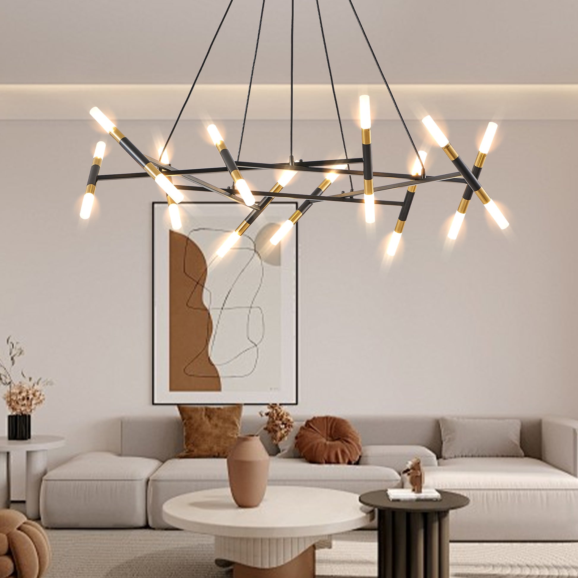 Black & Golden Modern Chandelier Light Fixture, Branch Design with Frosted Tubes, Black Cords, Adjustable Height Pendant Light for Dining Room, Living Room, or Kitchen Island (Bulb Not Included)