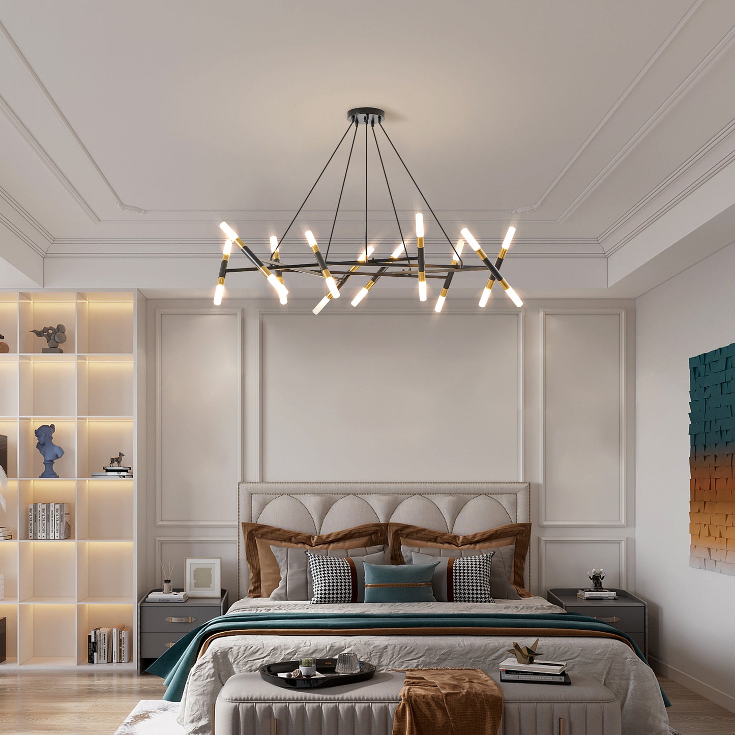 Black & Golden Modern Chandelier Light Fixture, Branch Design with Frosted Tubes, Black Cords, Adjustable Height Pendant Light for Dining Room, Living Room, or Kitchen Island (Bulb Not Included)