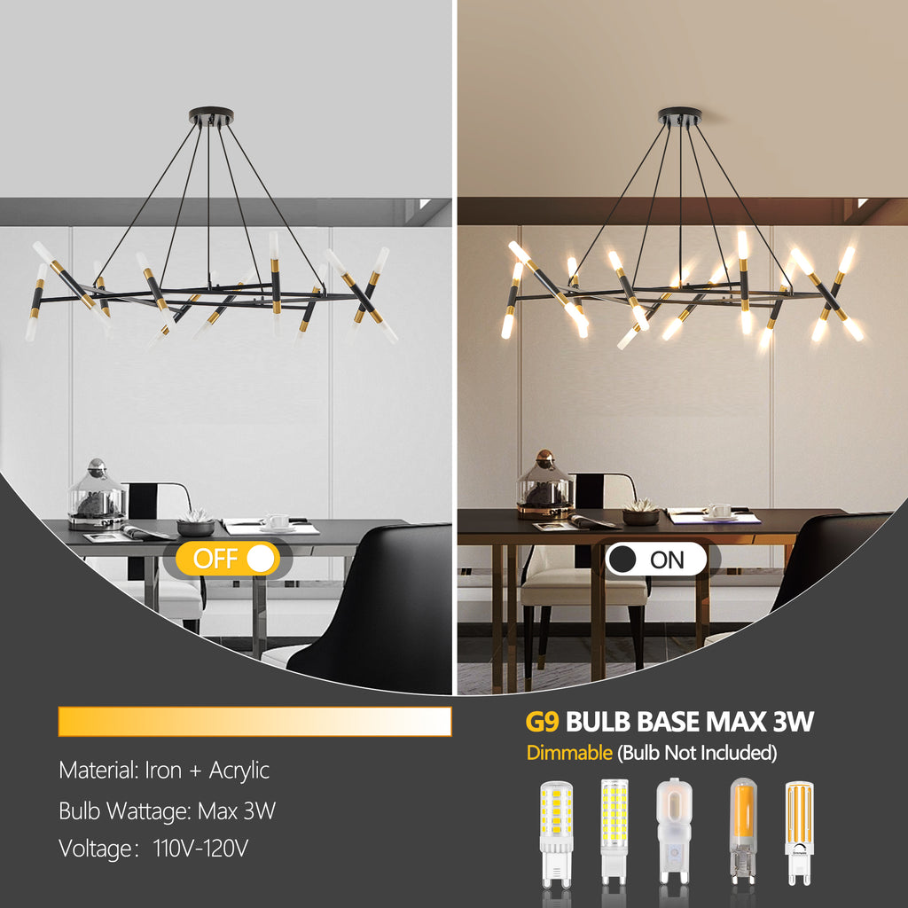 Black & Golden Modern Chandelier Light Fixture, Branch Design with Frosted Tubes, Black Cords, Adjustable Height Pendant Light for Dining Room, Living Room, or Kitchen Island (Bulb Not Included)