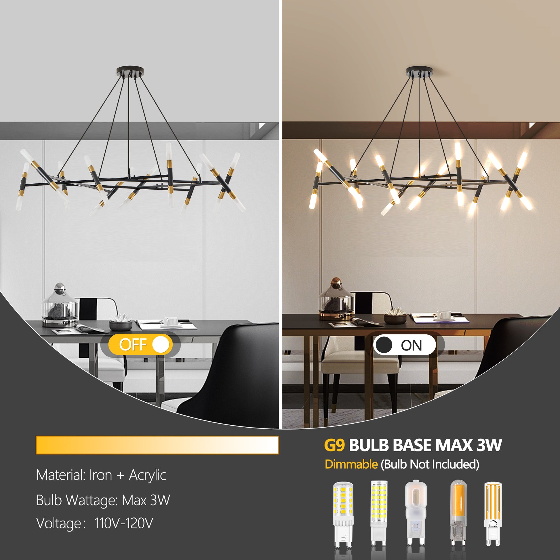 Black & Golden Modern Chandelier Light Fixture, Branch Design with Frosted Tubes, Black Cords, Adjustable Height Pendant Light for Dining Room, Living Room, or Kitchen Island (Bulb Not Included)