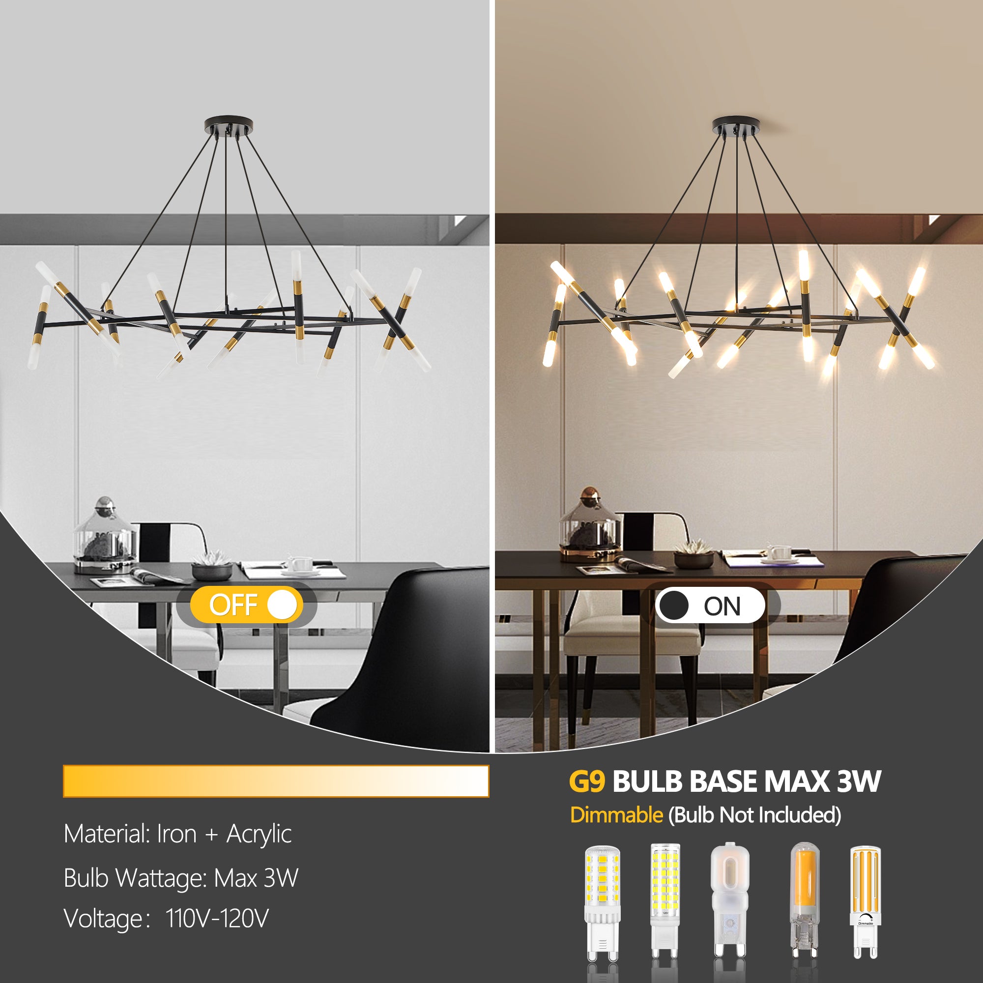 Black & Golden Modern Chandelier Light Fixture, Branch Design with Frosted Tubes, Black Cords, Adjustable Height Pendant Light for Dining Room, Living Room, or Kitchen Island (Bulb Not Included)