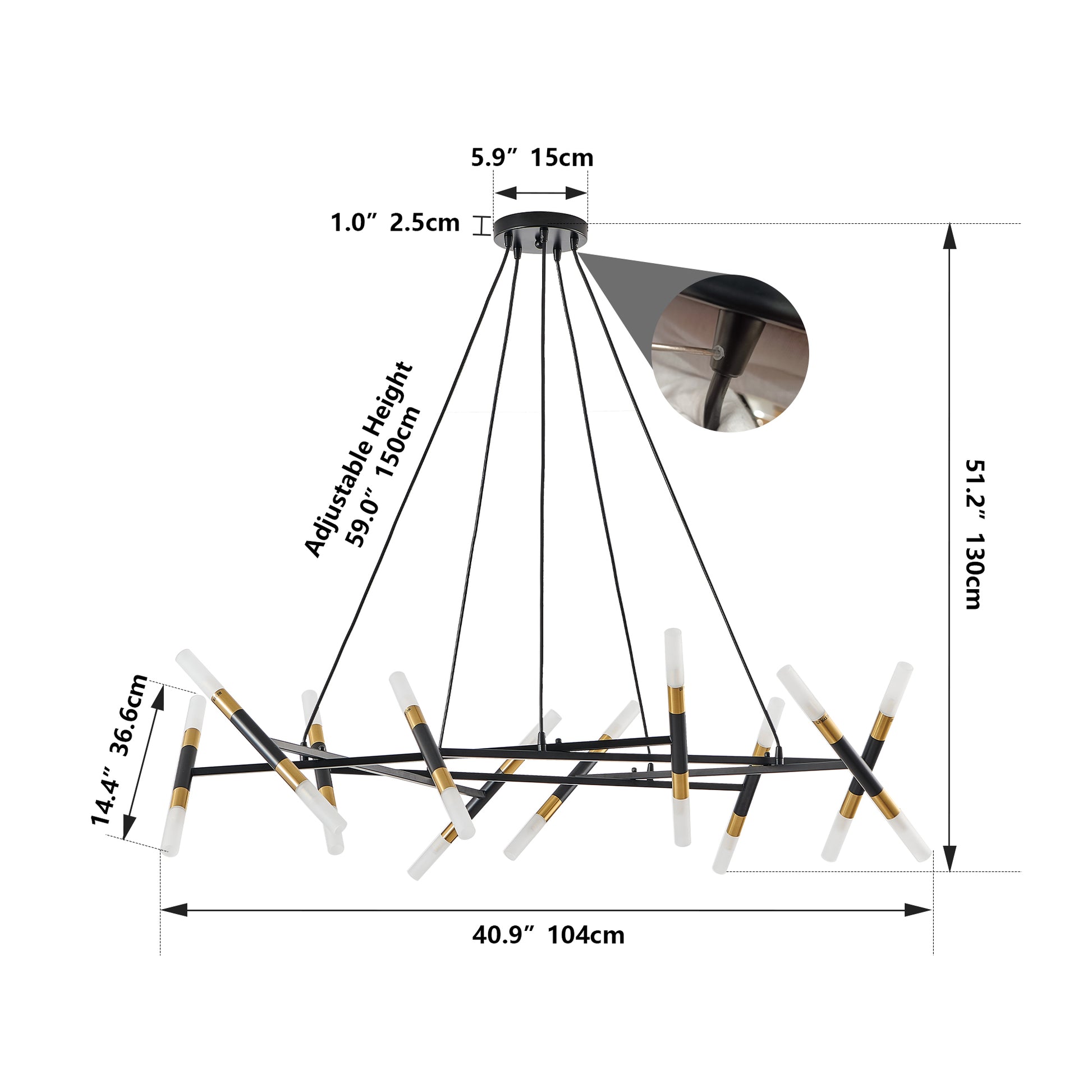 Black & Golden Modern Chandelier Light Fixture, Branch Design with Frosted Tubes, Black Cords, Adjustable Height Pendant Light for Dining Room, Living Room, or Kitchen Island (Bulb Not Included)