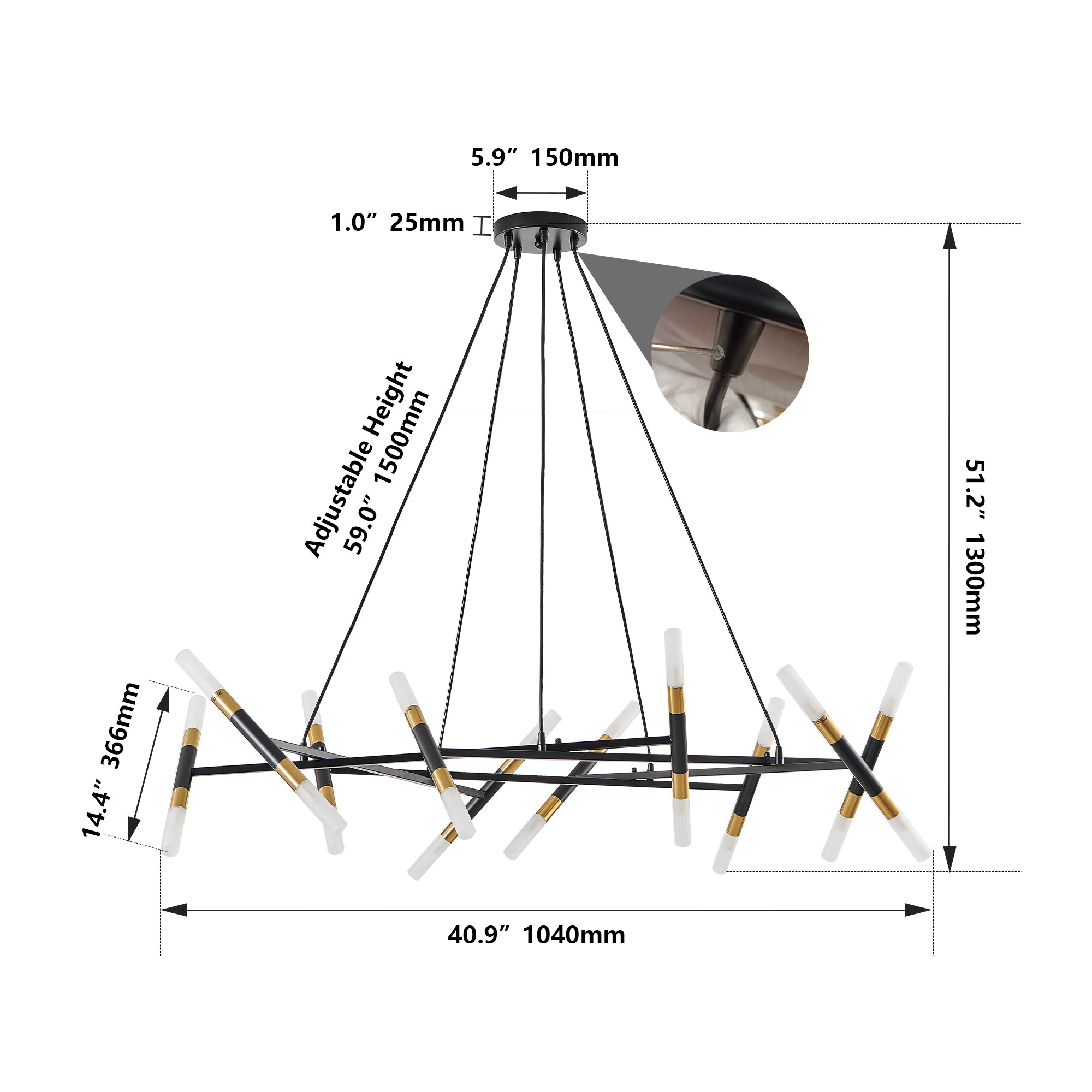 Black & Golden Modern Chandelier Light Fixture, Branch Design with Frosted Tubes, Black Cords, Adjustable Height Pendant Light for Dining Room, Living Room, or Kitchen Island (Bulb Not Included)