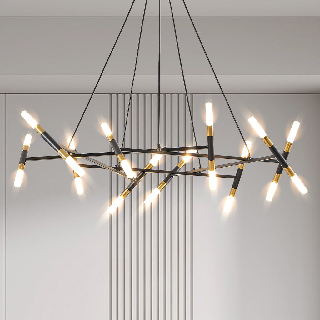 Black & Golden Modern Chandelier Light Fixture, Branch Design with Frosted Tubes, Black Cords, Adjustable Height Pendant Light for Dining Room, Living Room, or Kitchen Island (Bulb Not Included)