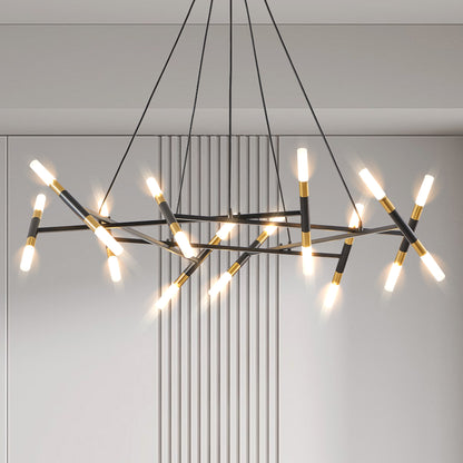 Black & Golden Modern Chandelier Light Fixture, Branch Design with Frosted Tubes, Black Cords, Adjustable Height Pendant Light for Dining Room, Living Room, or Kitchen Island (Bulb Not Included)