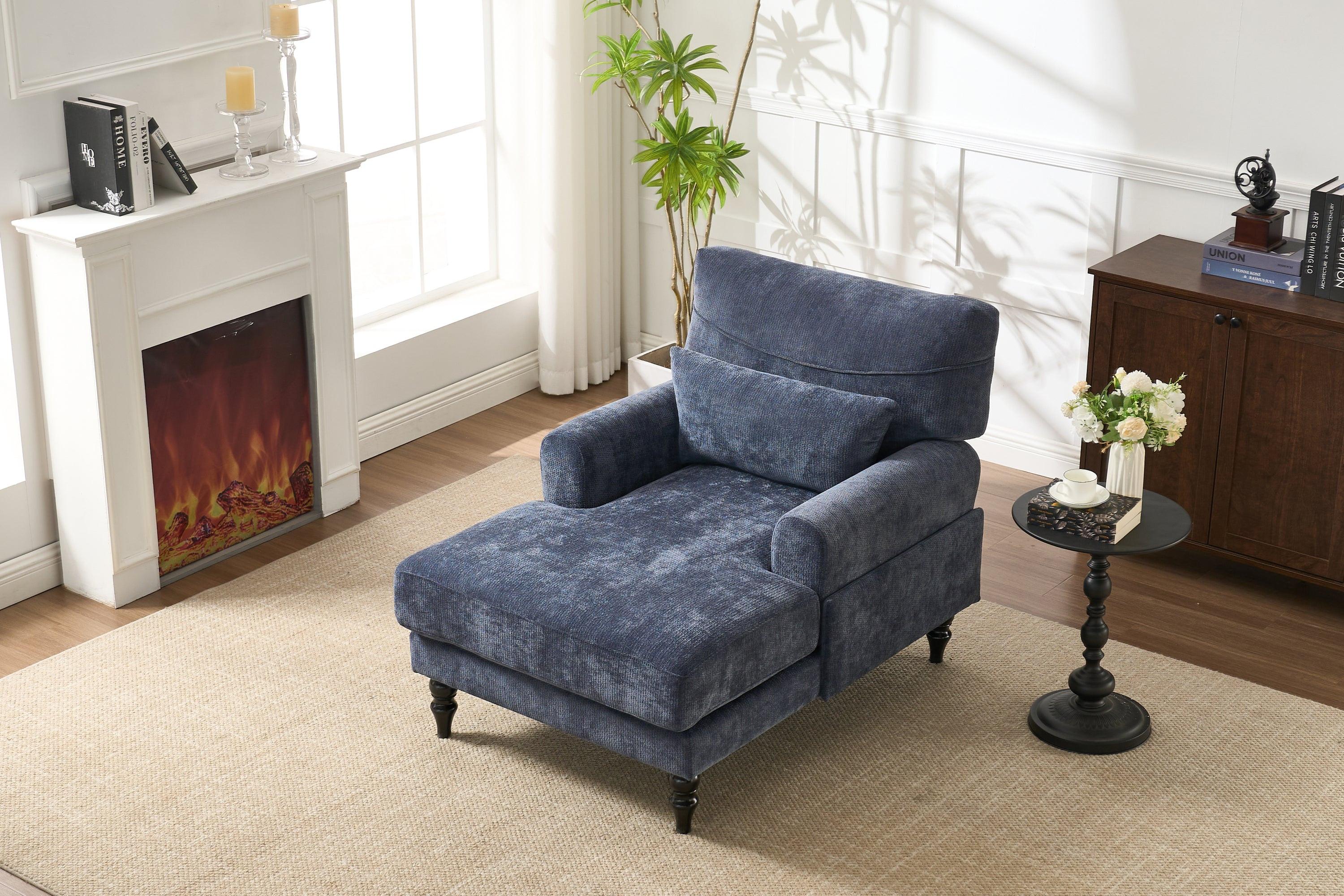 Elegant Modern Blue Upholstered Chaise Lounge Chair.