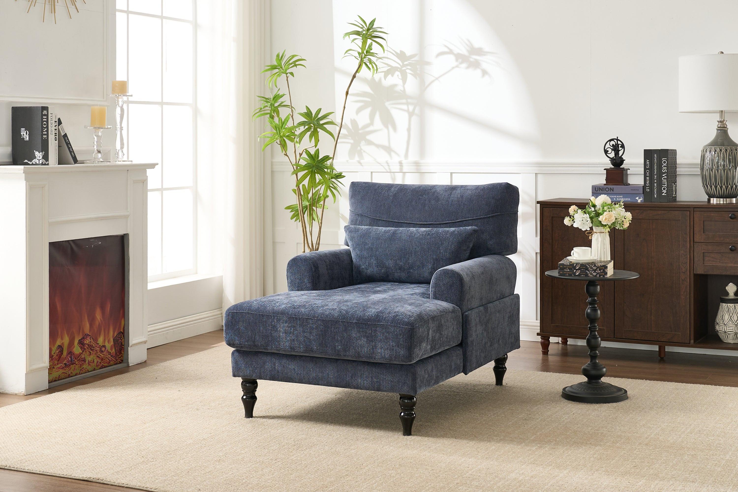 Elegant Modern Blue Upholstered Chaise Lounge Chair.