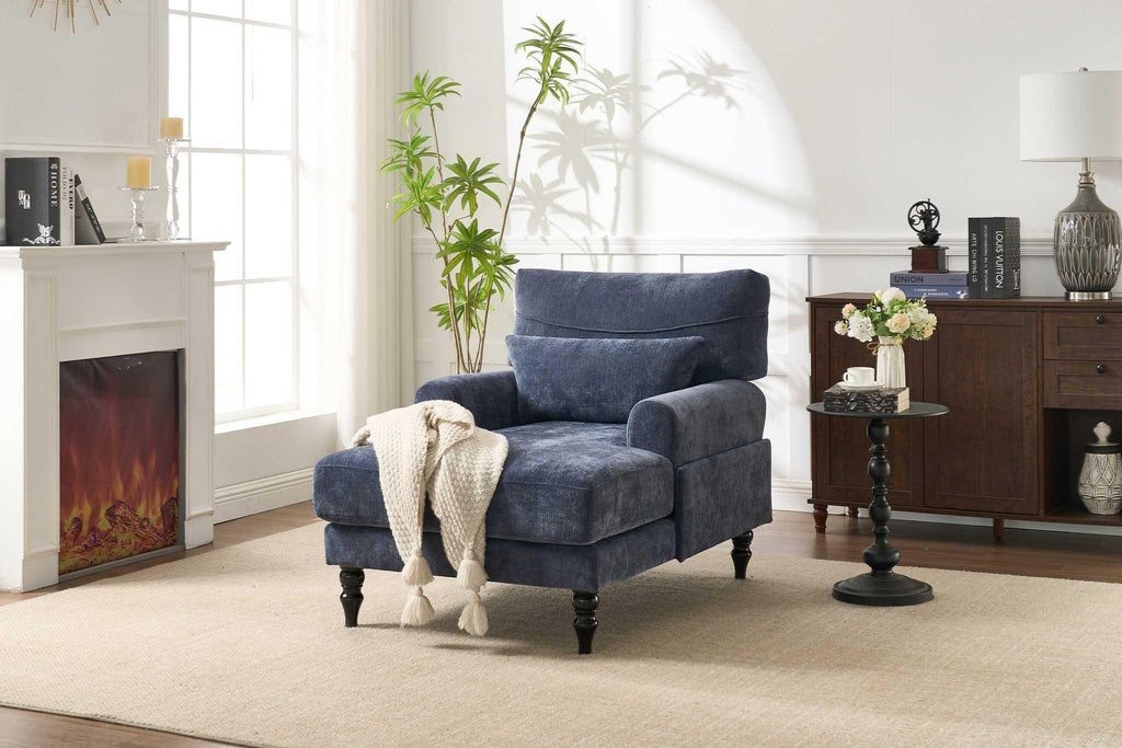 Elegant Modern Blue Upholstered Chaise Lounge Chair.