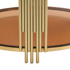 Modern Brown Glass Coffee Table, Asymmetrical Metal, Circular Metal Drum Base, Gold Finish & Lower Shelf