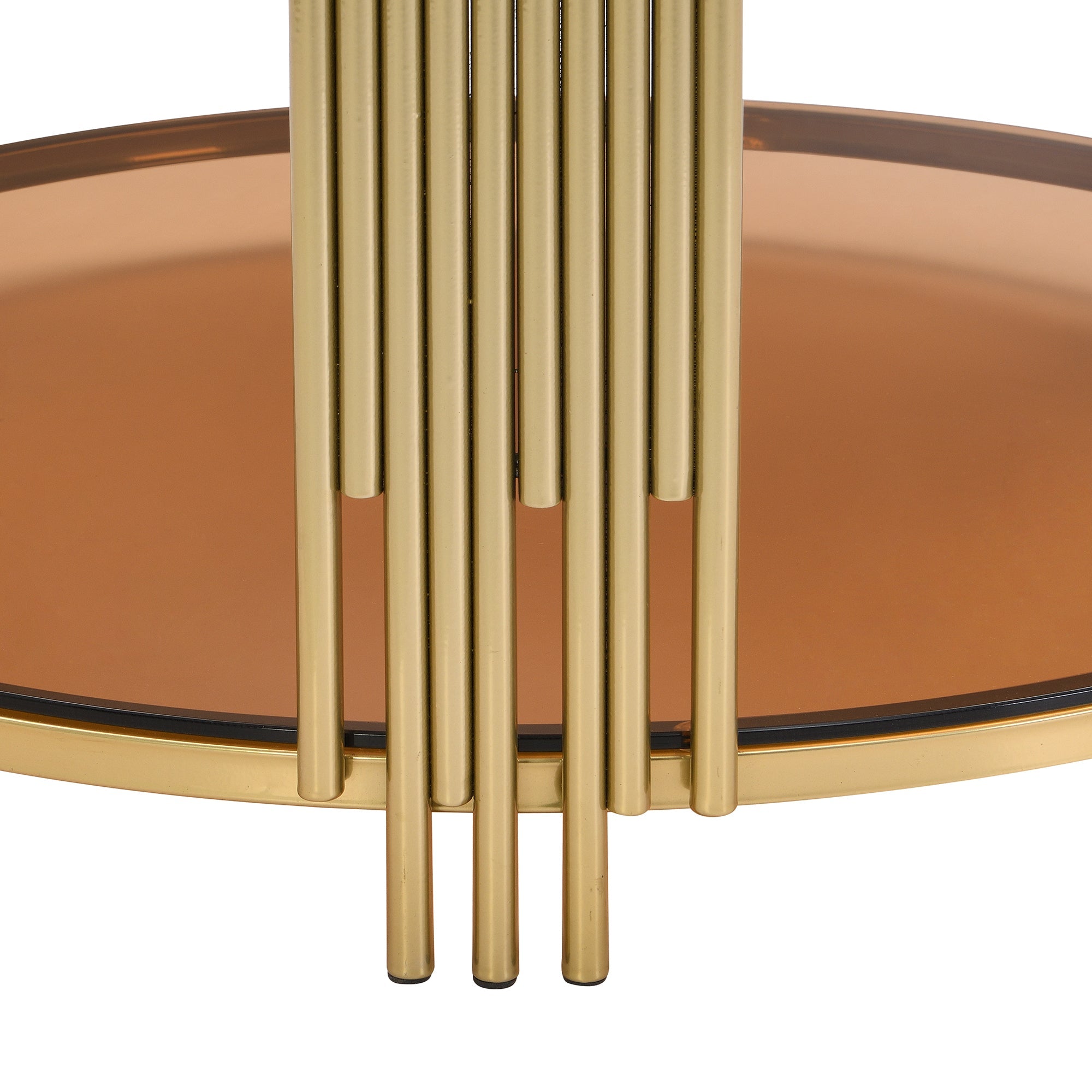 Modern Brown Glass Coffee Table, Asymmetrical Metal, Circular Metal Drum Base, Gold Finish & Lower Shelf