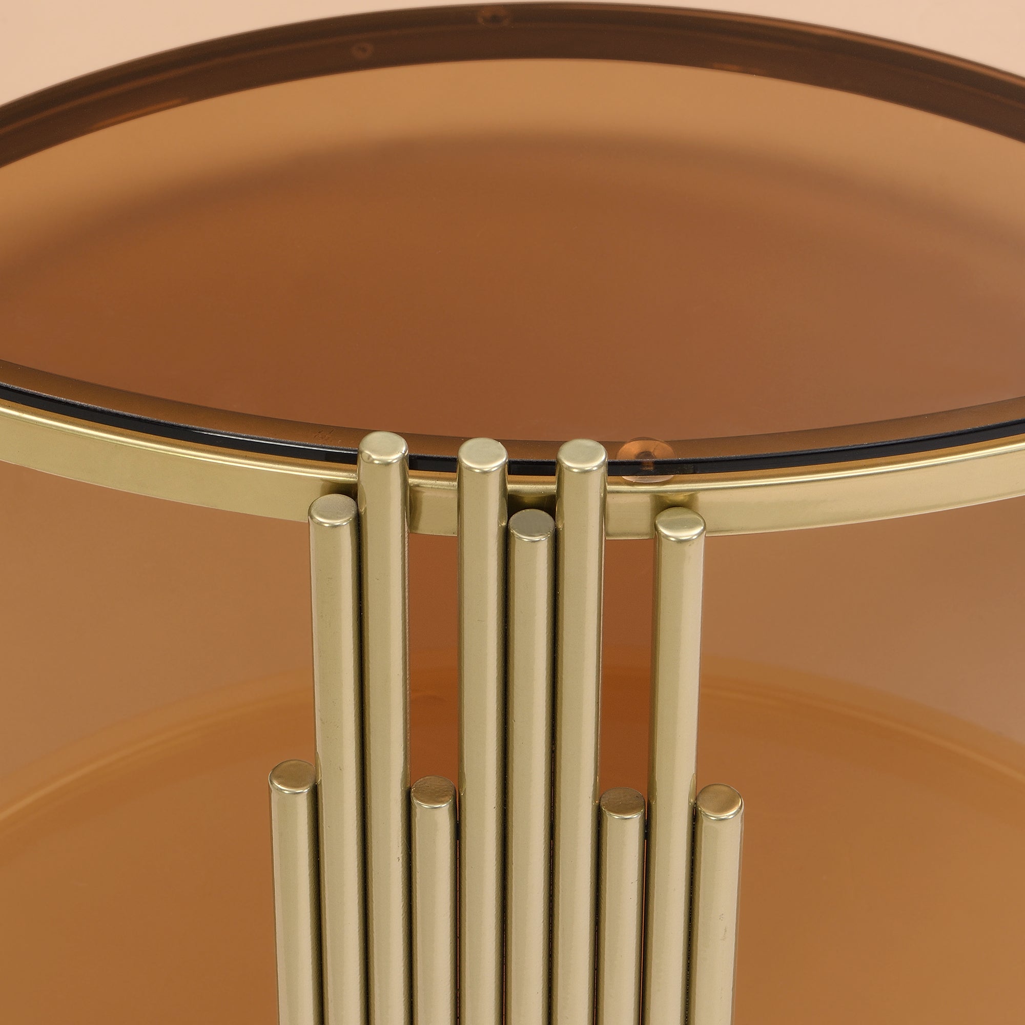 Modern Brown Glass Coffee Table, Asymmetrical Metal, Circular Metal Drum Base, Gold Finish & Lower Shelf