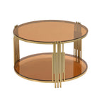 Modern Brown Glass Coffee Table, Asymmetrical Metal, Circular Metal Drum Base, Gold Finish & Lower Shelf
