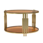 Modern Brown Glass Coffee Table, Asymmetrical Metal, Circular Metal Drum Base, Gold Finish & Lower Shelf