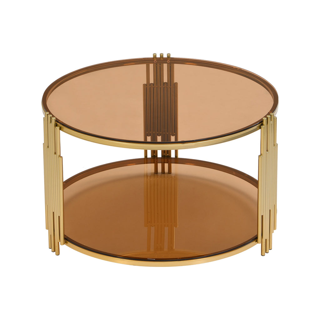 Modern Brown Glass Coffee Table, Asymmetrical Metal, Circular Metal Drum Base, Gold Finish & Lower Shelf