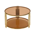 Modern Brown Glass Coffee Table, Asymmetrical Metal, Circular Metal Drum Base, Gold Finish & Lower Shelf