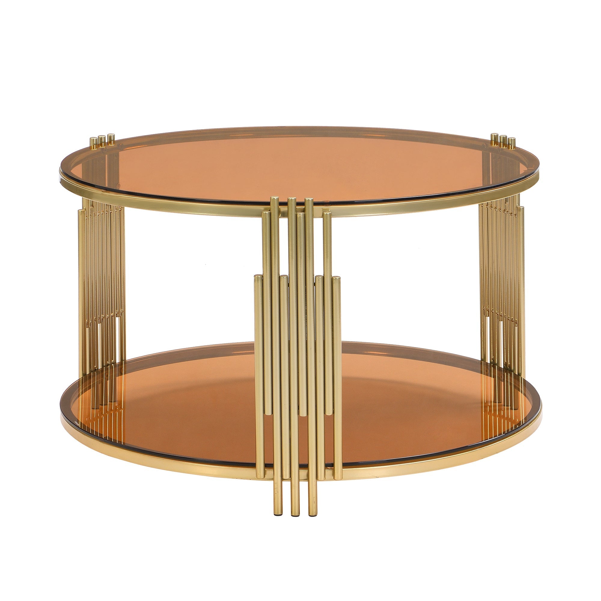 Modern Brown Glass Coffee Table, Asymmetrical Metal, Circular Metal Drum Base, Gold Finish & Lower Shelf