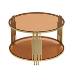Modern Brown Glass Coffee Table, Asymmetrical Metal, Circular Metal Drum Base, Gold Finish & Lower Shelf