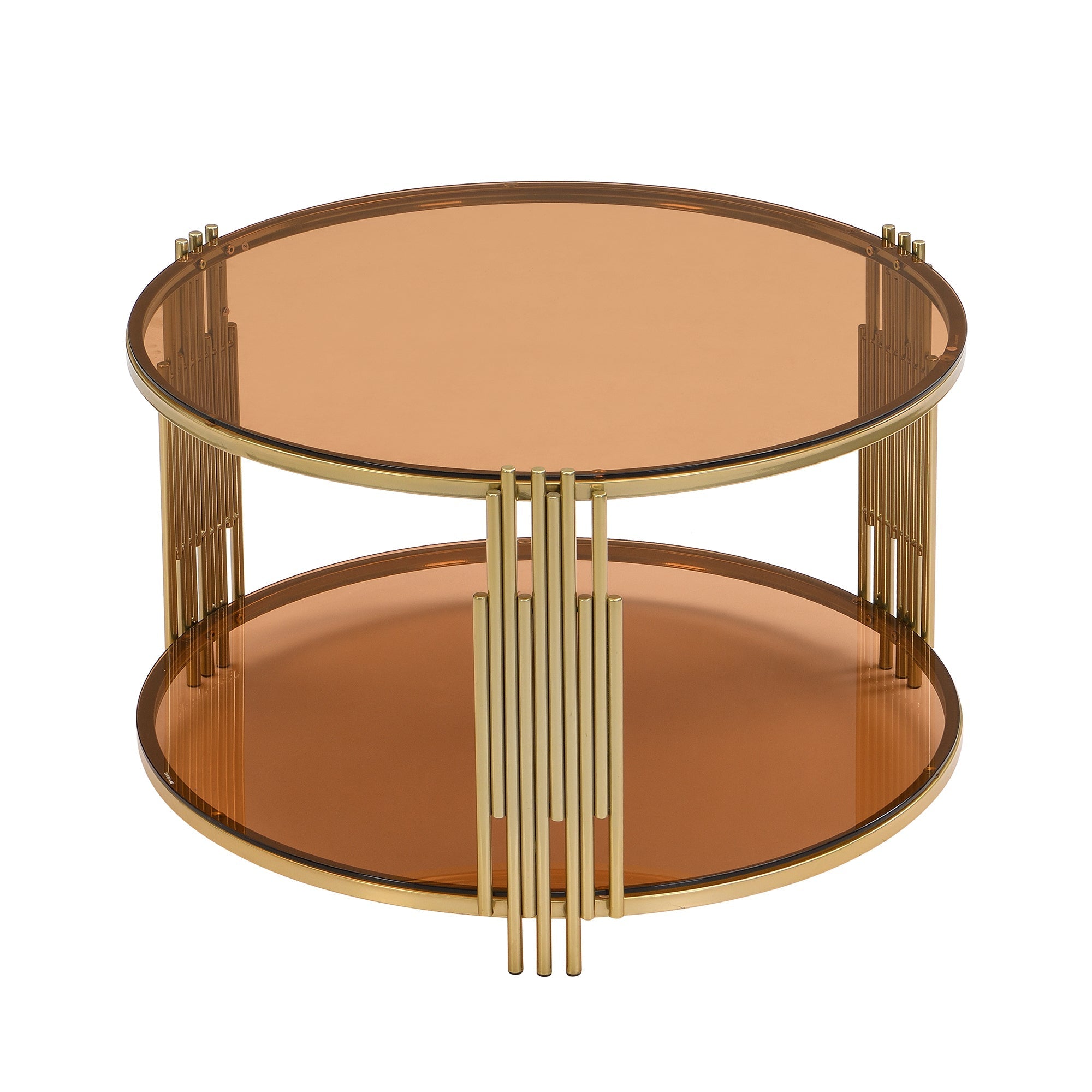Modern Brown Glass Coffee Table, Asymmetrical Metal, Circular Metal Drum Base, Gold Finish & Lower Shelf