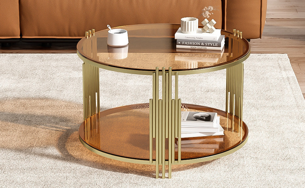 Modern Brown Glass Coffee Table, Asymmetrical Metal, Circular Metal Drum Base, Gold Finish & Lower Shelf