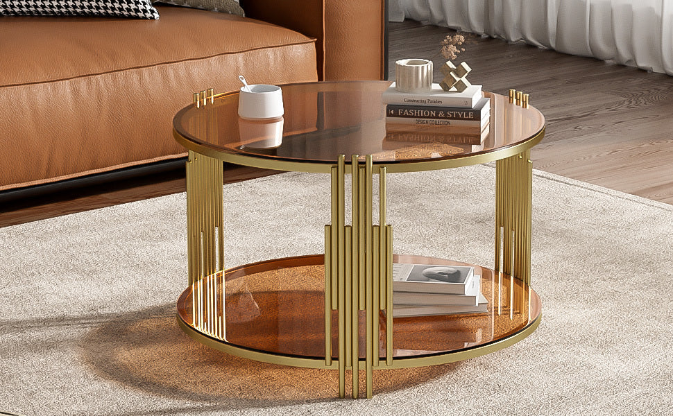 Modern Brown Glass Coffee Table, Asymmetrical Metal, Circular Metal Drum Base, Gold Finish & Lower Shelf