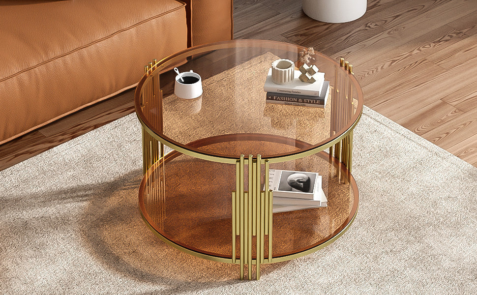Modern Brown Glass Coffee Table, Asymmetrical Metal, Circular Metal Drum Base, Gold Finish & Lower Shelf