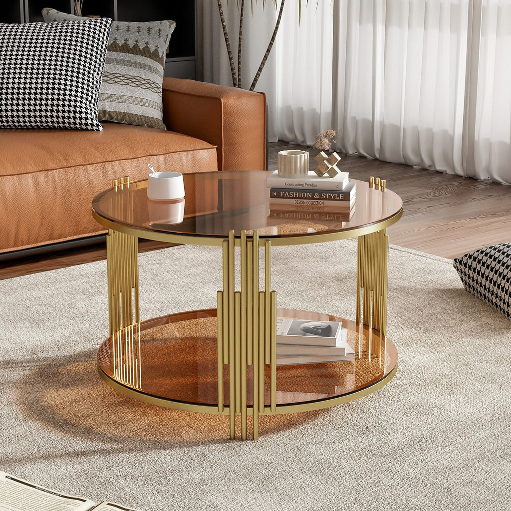 Modern Brown Glass Coffee Table, Asymmetrical Metal, Circular Metal Drum Base, Gold Finish & Lower Shelf