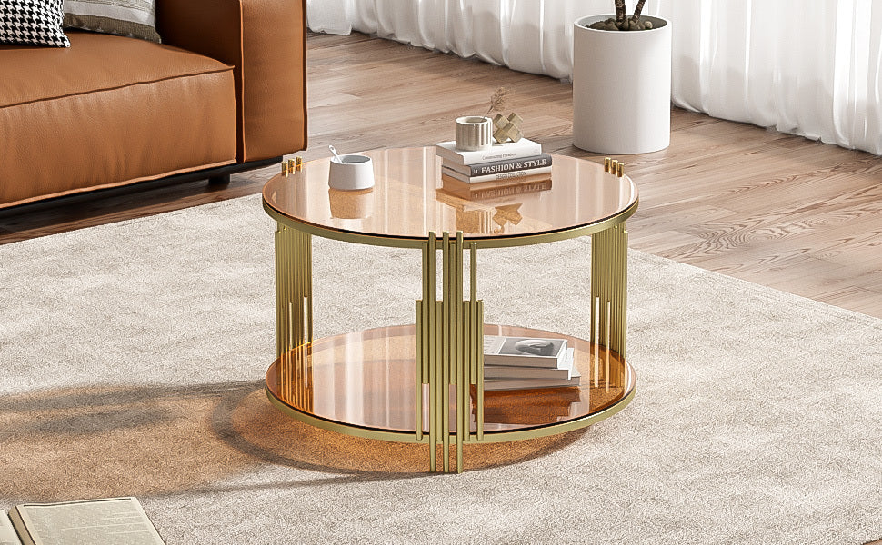 Modern Brown Glass Coffee Table, Asymmetrical Metal, Circular Metal Drum Base, Gold Finish & Lower Shelf