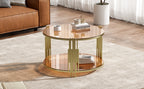 Modern Brown Glass Coffee Table, Asymmetrical Metal, Circular Metal Drum Base, Gold Finish & Lower Shelf