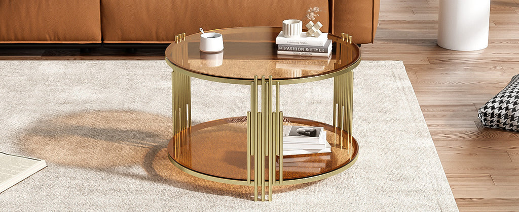 Modern Brown Glass Coffee Table, Asymmetrical Metal, Circular Metal Drum Base, Gold Finish & Lower Shelf