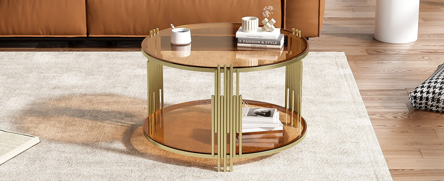 Modern Brown Glass Coffee Table, Asymmetrical Metal, Circular Metal Drum Base, Gold Finish & Lower Shelf