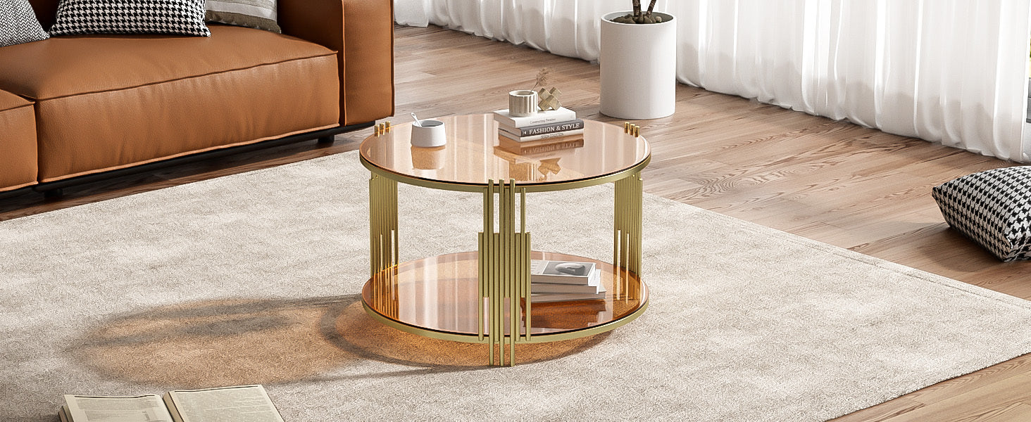 Modern Brown Glass Coffee Table, Asymmetrical Metal, Circular Metal Drum Base, Gold Finish & Lower Shelf