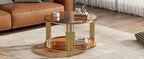 Modern Brown Glass Coffee Table, Asymmetrical Metal, Circular Metal Drum Base, Gold Finish & Lower Shelf