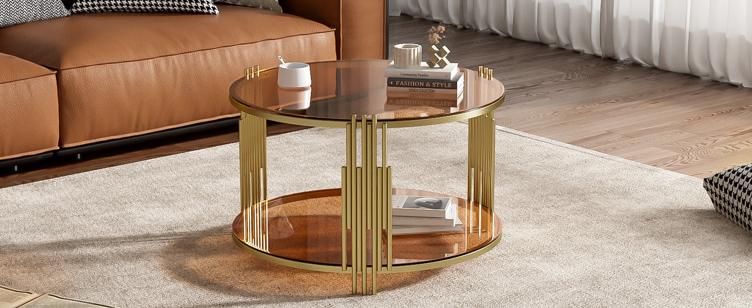 Modern Brown Glass Coffee Table, Asymmetrical Metal, Circular Metal Drum Base, Gold Finish & Lower Shelf