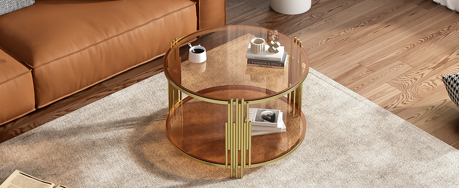 Modern Brown Glass Coffee Table, Asymmetrical Metal, Circular Metal Drum Base, Gold Finish & Lower Shelf