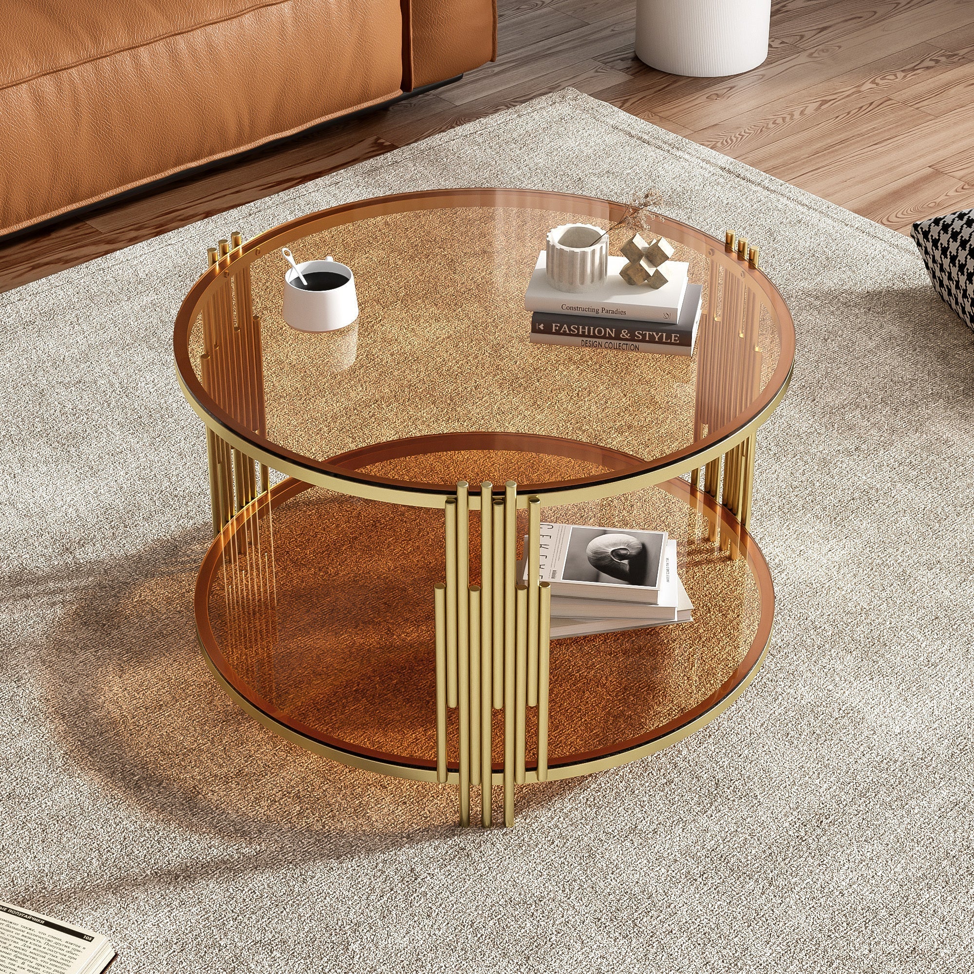 Modern Brown Glass Coffee Table, Asymmetrical Metal, Circular Metal Drum Base, Gold Finish & Lower Shelf