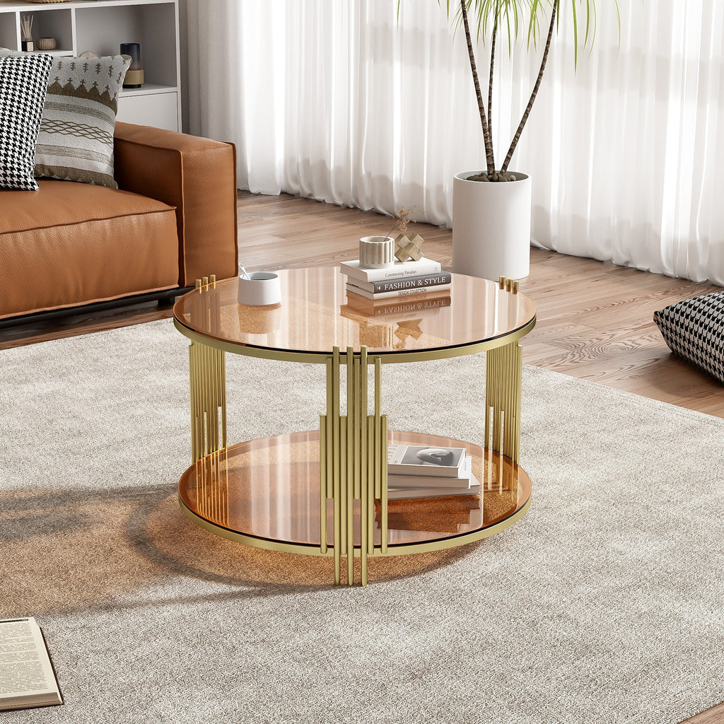 Modern Brown Glass Coffee Table, Asymmetrical Metal, Circular Metal Drum Base, Gold Finish & Lower Shelf