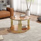 Modern Brown Glass Coffee Table, Asymmetrical Metal, Circular Metal Drum Base, Gold Finish & Lower Shelf