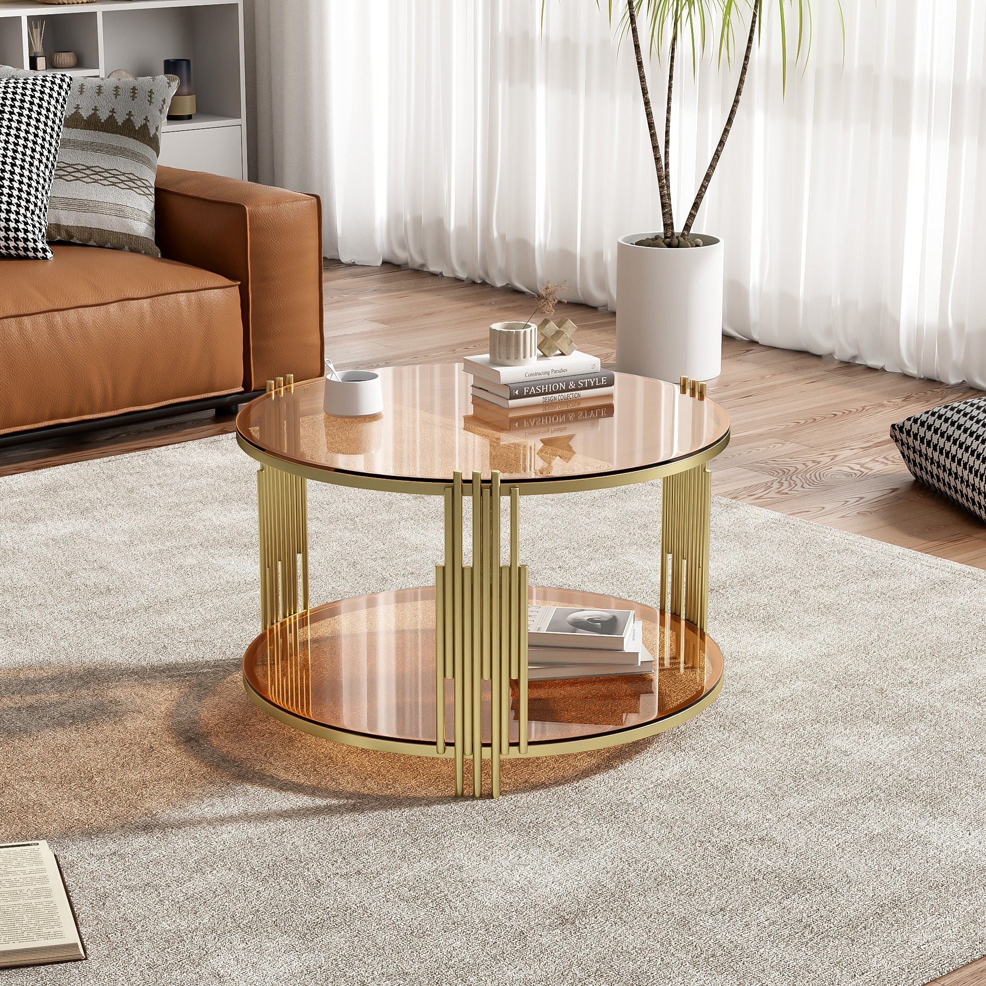 Modern Brown Glass Coffee Table, Asymmetrical Metal, Circular Metal Drum Base, Gold Finish & Lower Shelf
