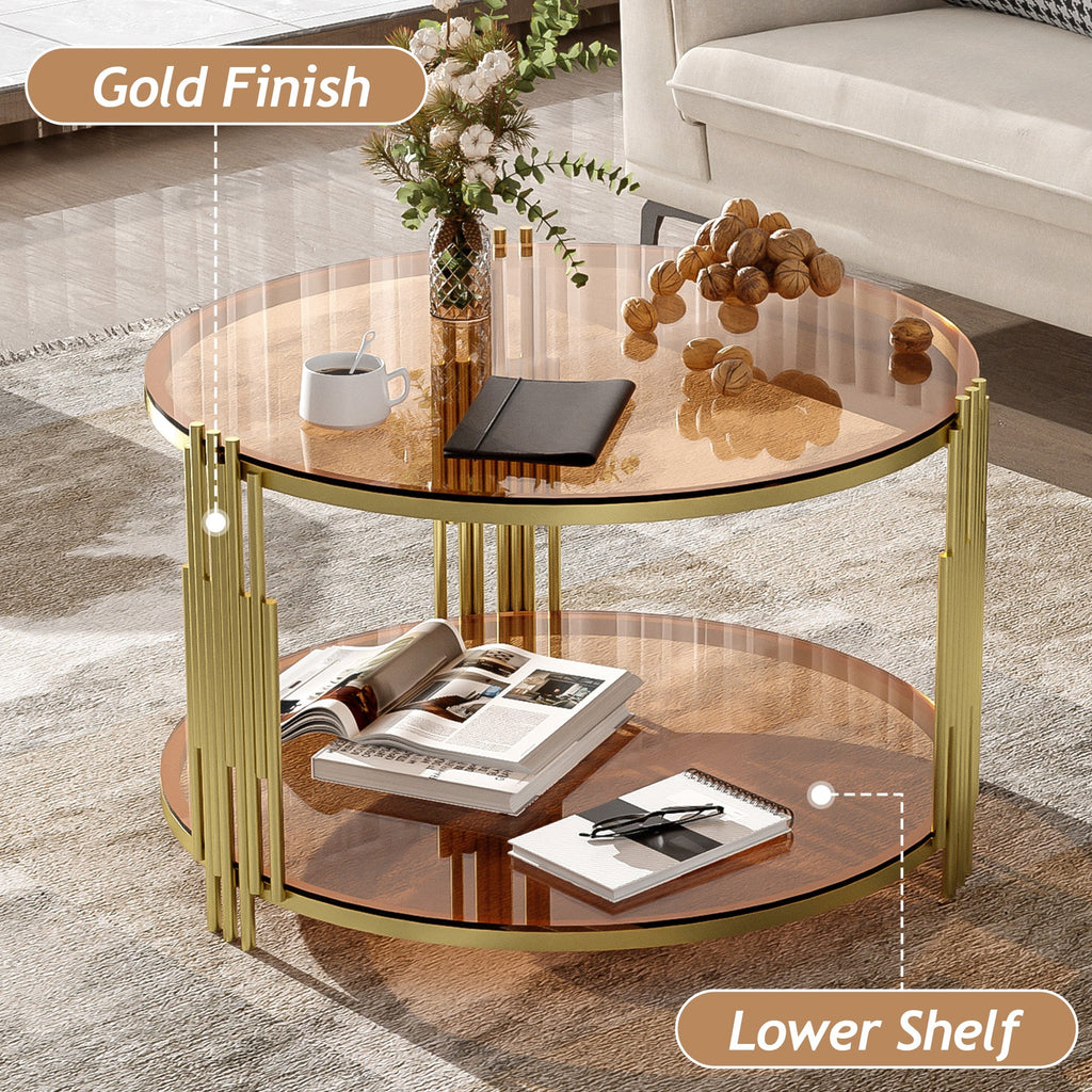Modern Brown Glass Coffee Table, Asymmetrical Metal, Circular Metal Drum Base, Gold Finish & Lower Shelf
