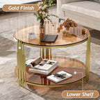 Modern Brown Glass Coffee Table, Asymmetrical Metal, Circular Metal Drum Base, Gold Finish & Lower Shelf