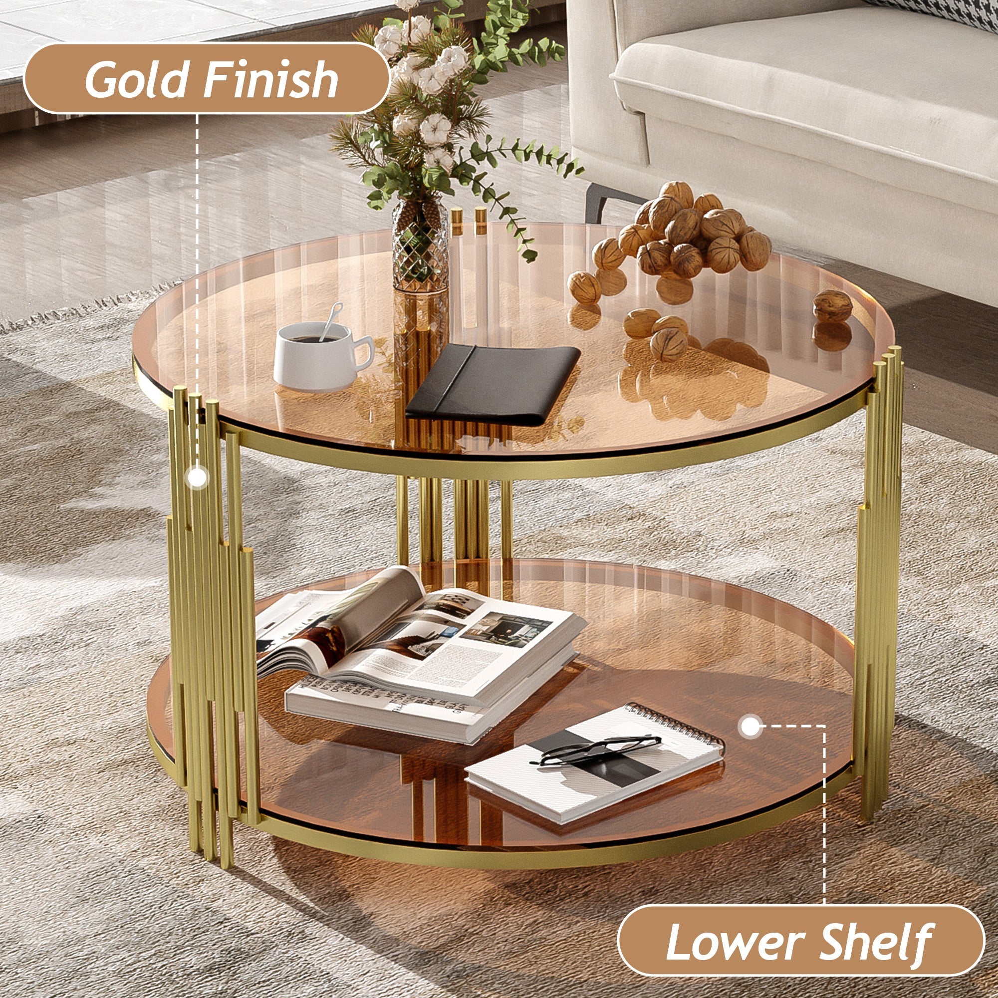 Modern Brown Glass Coffee Table, Asymmetrical Metal, Circular Metal Drum Base, Gold Finish & Lower Shelf