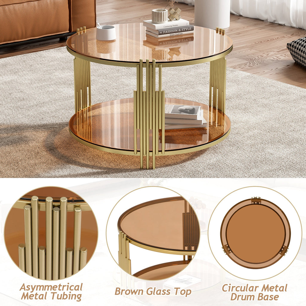 Modern Brown Glass Coffee Table, Asymmetrical Metal, Circular Metal Drum Base, Gold Finish & Lower Shelf