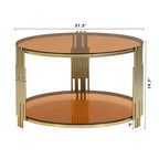 Modern Brown Glass Coffee Table, Asymmetrical Metal, Circular Metal Drum Base, Gold Finish & Lower Shelf