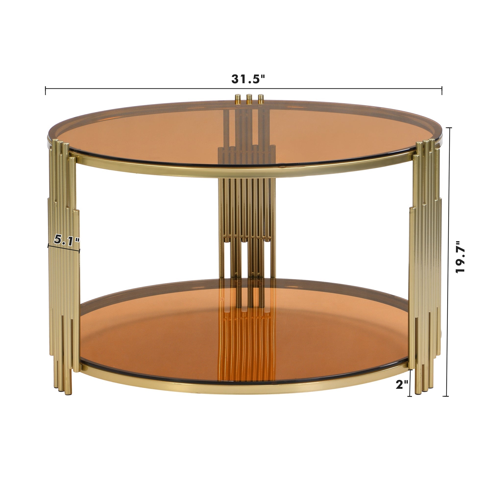 Modern Brown Glass Coffee Table, Asymmetrical Metal, Circular Metal Drum Base, Gold Finish & Lower Shelf