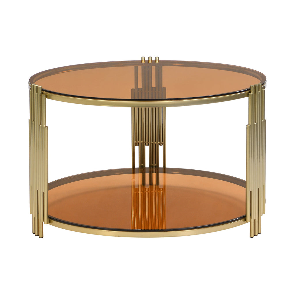 Modern Brown Glass Coffee Table, Asymmetrical Metal, Circular Metal Drum Base, Gold Finish & Lower Shelf