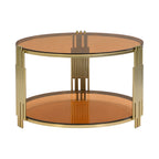 Modern Brown Glass Coffee Table, Asymmetrical Metal, Circular Metal Drum Base, Gold Finish & Lower Shelf