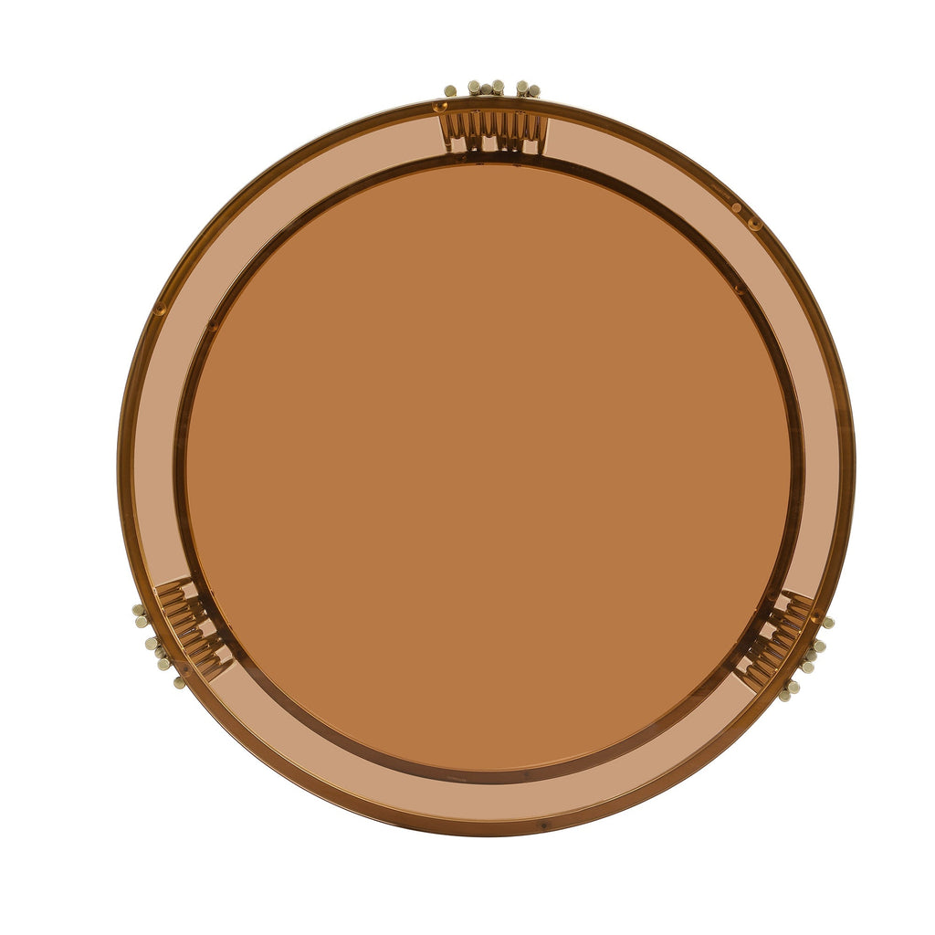 Modern Brown Glass Coffee Table, Asymmetrical Metal, Circular Metal Drum Base, Gold Finish & Lower Shelf